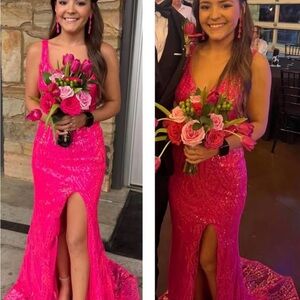 Sequin V-Neck Prom Gown in Hot Pink
